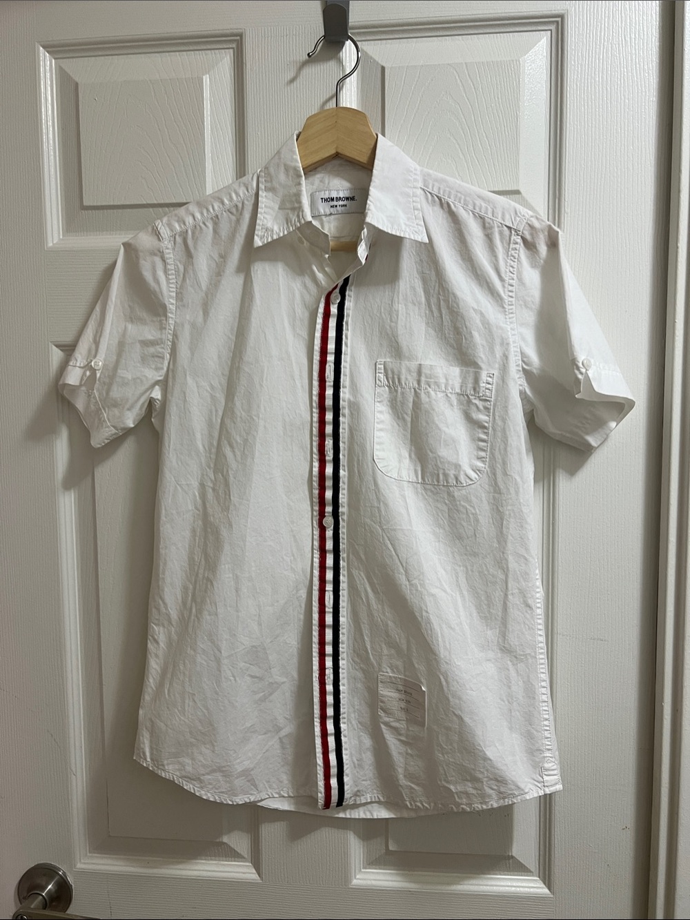 Thom Browne White Short-Sleeve Button-Down with Red & Navy Center Stripe